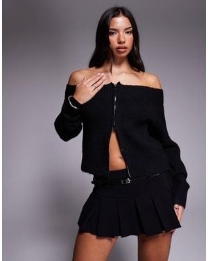 Tiger Mist Lunette Bardot Ribbed Trim Zip Through Sweater - Black