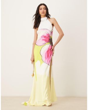 JW PEI Halter Neck Thigh Split Detail Extreme Train Satin Maxi Dress - Natural