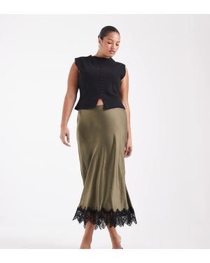 Vero Moda Satijnen Midi Rok Met Kanten Detail Aan De Zoom - Groen