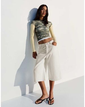 Bershka Slouchy Denim Bermuda Shorts - White
