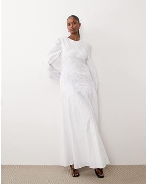 DASKA Asymmetric Shirred Detail Balloon Sleeve Maxi Dress - White