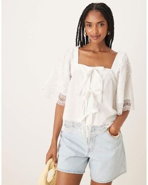 Y.A.S Crochet Trim Tie Front Square Neck Blouse - White
