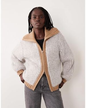 ASOS Plated Rib Fly Collar Sweater - Natural