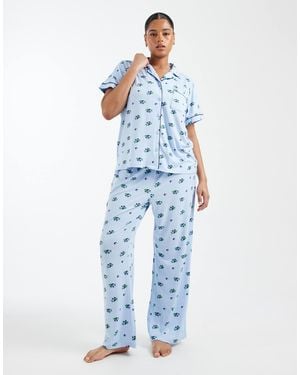 Loungeable Curve Super Soft Jersey Revere Top And Wide Leg Pajama Set - Blue