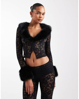Oh Polly Stretch Lace Cardigan With Fur Trims Co-ord - Black
