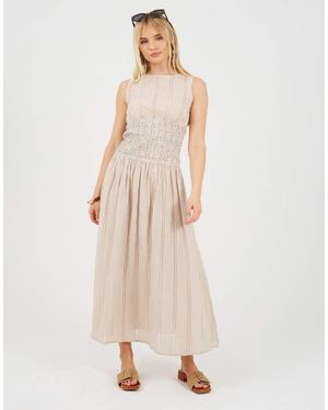 Brave Soul Striped Sleeveless Smock Midi Dress - Natural