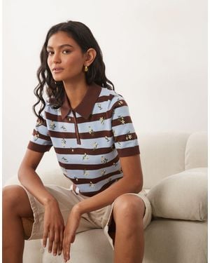 Miss Selfridge Knitted Embroidered Stripe Polo - White
