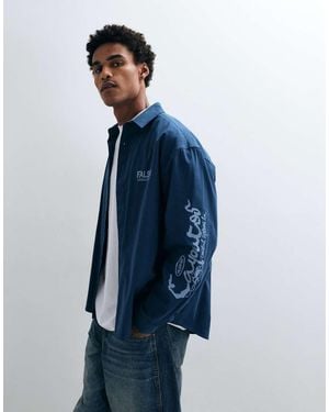 ASOS Oversized Poplin Shirt With Placement Prints - Blue