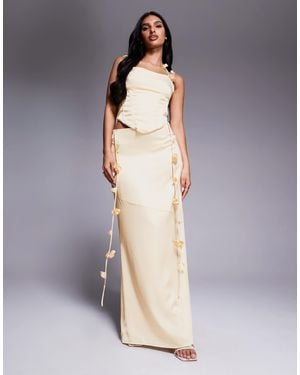 Wanderdoll Esmerelda Premium Satin Drape Flower Detail Maxi Skirt Co-ord - Gray