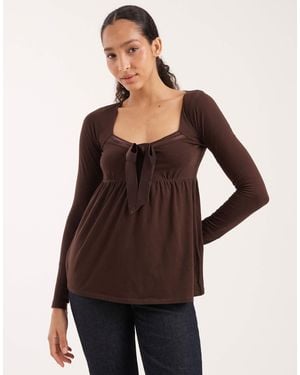Hollister Long Sleeve Front Bow Babydoll Top - Brown