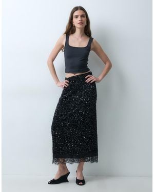 Vila Sequin & Velour Maxi Skirt With Lace Trim - Black