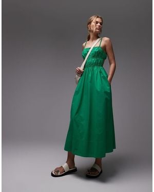 TOPSHOP Shirred Poplin Midi Dress - Green