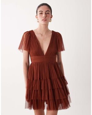 LACE & BEADS Flutter Sleeve V-neck Ruffle Tiered Tulle Mini Dress