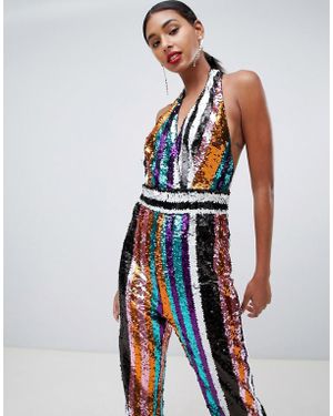 TFNC London Multi Striped Sequin Halterneck Wide Leg Jumpsuit In Rainbow - Blue