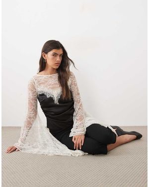 ASOS Satin Top With Lace Panel And Exaggerated Sleeve - Black