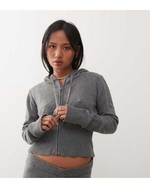 Noisy May Knitted Zip Cardigan Co-ord With Hood - Grey