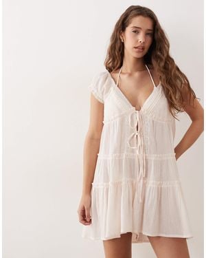 Miss Selfridge Beach Embroidered Tie Front Playsuit - Natural