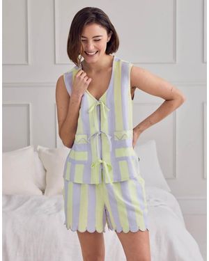 Chelsea Peers Linen Blend Scallop Edge Tie-Front Stripe Cami Short Pyjama Set - Grey