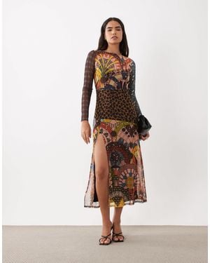 Never Fully Dressed Mesh Long Sleeve High Split Midi Dress - Natural