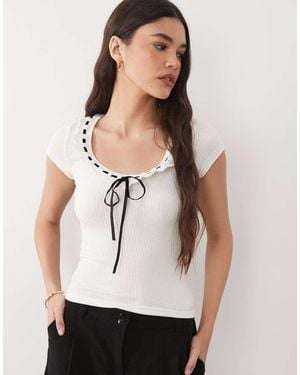 Brave Soul Scoop Neck Ribbed Jersey T-Shirt With Bow Detail - Natural