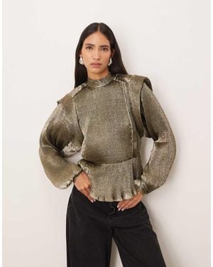 ARRANGE Metallic Pleat Shoulder Pad Blouse - Brown