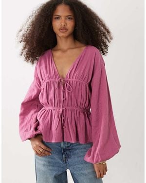 ASOS Long Sleeve Smock Top With Button Front - Red