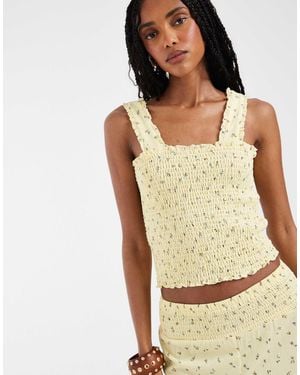 Pieces Wide Strap Smocked Ditsy Floral Top - Green