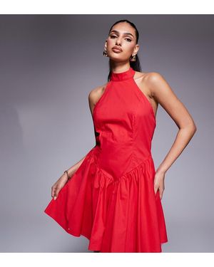 Kaiia Exclusive Cotton Rich Halterneck Low Back Dropped V Waist Mini Dress - Red