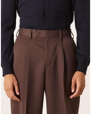 ASOS Smart Wide Leg Trousers With Front Pleats - Brown
