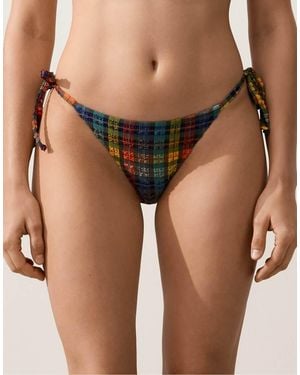 Oysho Textured Check Medium-Coverage Bikini Briefs - Brown