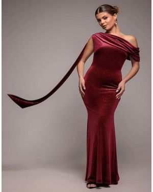 Goddiva Glitter Velvet Sash One Shoulder Bardot Maxi Dress - Red