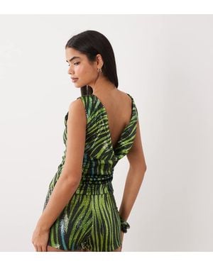Kaiia Exclusive Sequin Slashneck Cowl Back Top - Green