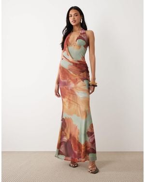 ASOS Printed Mesh Floral Halter Maxi Dress With Draped Sash Detail - Green