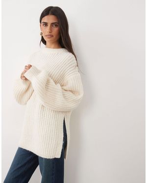 ASOS Rib Longline Sweater With Side Split With Wool - Natural