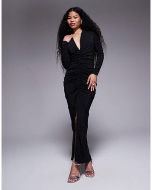 TFNC London Long Sleeve Plunge Neck Embelished Maxi Dress - Blue