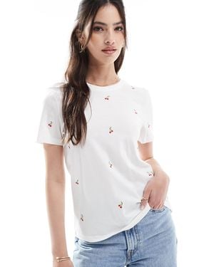 ONLY Cherry Embroidery Crew Neck T-shirt - White