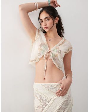 Reclaimed (vintage) Sheer Tie Front Beach Top With Sequins And Embroidery - Multicolor