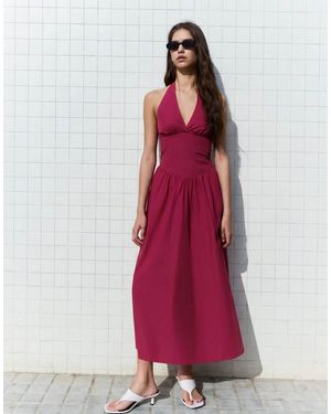 Bershka Long Halter Poplin Dress - Red