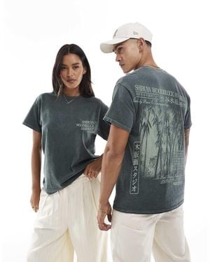 PRNT Shibuya Woodblock Market Front And Back Print Washed T-Shirt - Blue