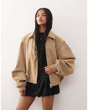 Lioness Exclusive Vista Leather Look Contrast Stitch Bomber Jacket - Natural