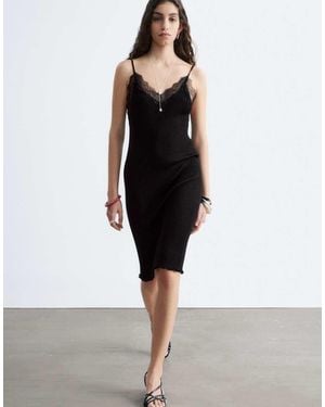 & Other Stories Knitted Cami Midi Dress With Lace Neckline Detail - Black