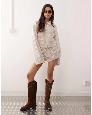 Lioness Babydoll Floral Cotton Crochet Bell Sleeve Button Through Shirt - Natural