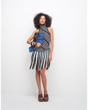 TOPSHOP Knitted Stripe Halterneck Longline Fringing Tunic - Blue