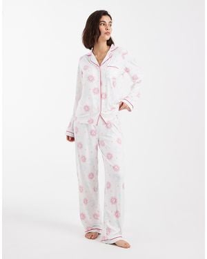 Loungeable Super Soft Jersey Revere Top And Wide Leg Pajama Set - White