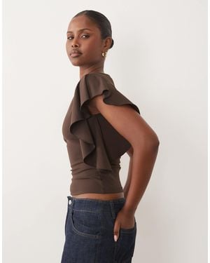 The Frolic Exclusive Slinky Ruffle Shoulder Detail Sleeveless Top - Brown