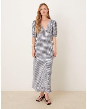 Glamorous Light- Check V-Neck Midi Tea-Dress - Natural
