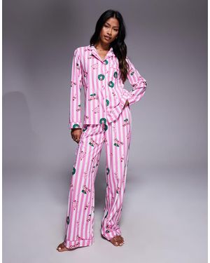 Boux Avenue Pijama Rosa A Rayas Con Estampado Navideño De Top De Manga Larga Y Pantalones De Felpa Con Bolsa De