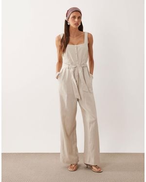 Mango Linen Rich Tie Waist Jumpsuit - Natural