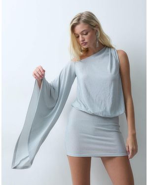 The Frolic Off Shoulder Drape Front Open Back Fold Over Mini Dress - Blue