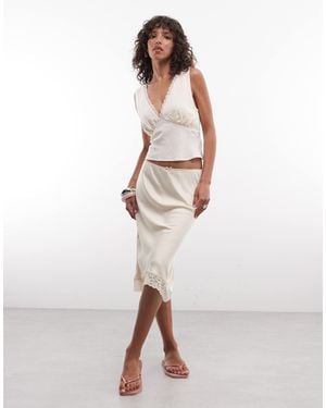 Monki Satin Look Lace Midi Skirt - White